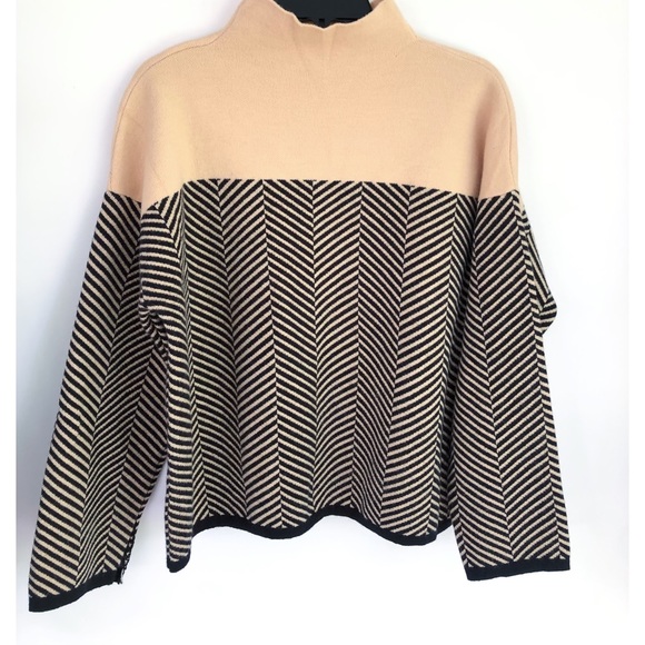 Sweaters - Black and Tan Mock Neck Chevron Print Striped Sweater